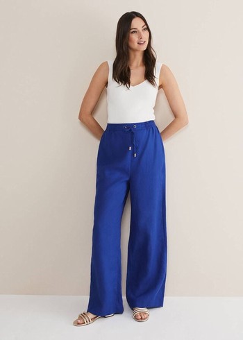 Phase Eight Lolita Blue Linen Wide Legs Trousers Deep Blue USA | 9728354-BK